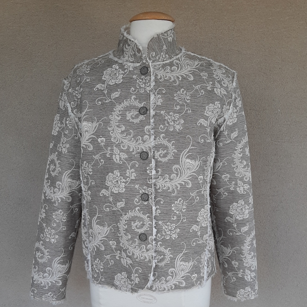 Chico's Women's Jacket Brocade Fuax Fur Fringe - Picture 5 of 15